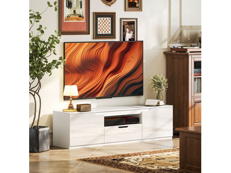  Meuble tv ulevr 160 cm avec rangement, 2 portes, tiroir et passe-câbles, blanc, pour téléviseur jusqu’à 65 pouces  - Conforama B