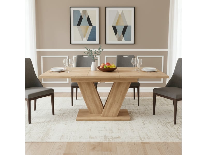  Table de salle à manger extensible rectangulaire pour 4 à 8 personnes avec plateau en mdf et piétement en v, chêne  - Conforama C