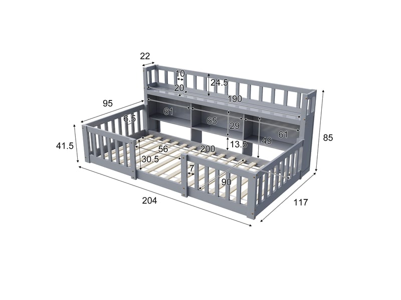  Lit enfant au sol 90x200(90x190) cm, lit simple avec bibliothèque et barrière, lit  montessori, bois, style scandinave moderne, gris  - Conforama E