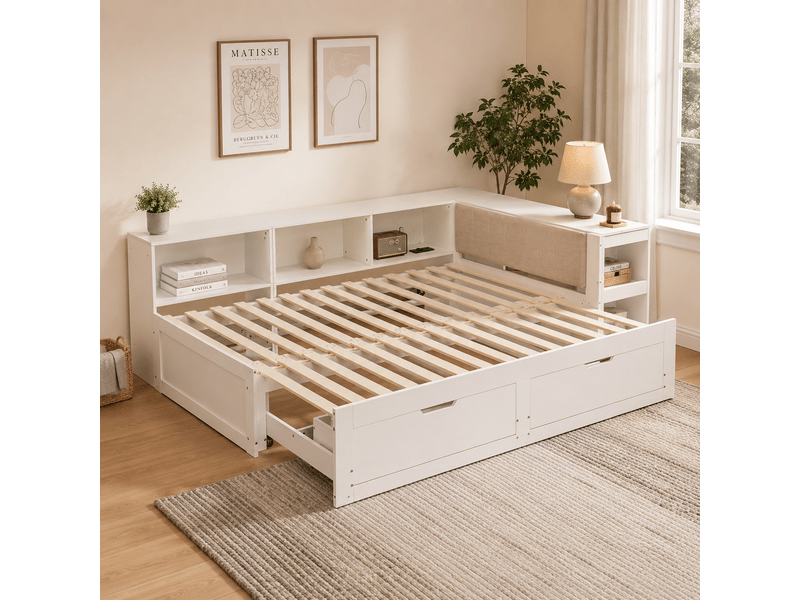  Lit multifonction avec bureau intégré, lit d'angle avec rangement 180x200 cm blanc mat  - Conforama C