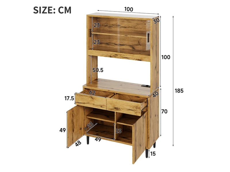 Armoire de cuisine salle à manger vaisselier scandinave chêne avec led et prises usb meuble de rangement portes vitrées - Conforama C