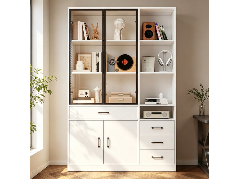  Bibliothèque vitrine blanche avec éclairage led, 13 rangements et 4 tiroirs, 120 x 35 x 200 cm pour salon et bureau  - Conforama D