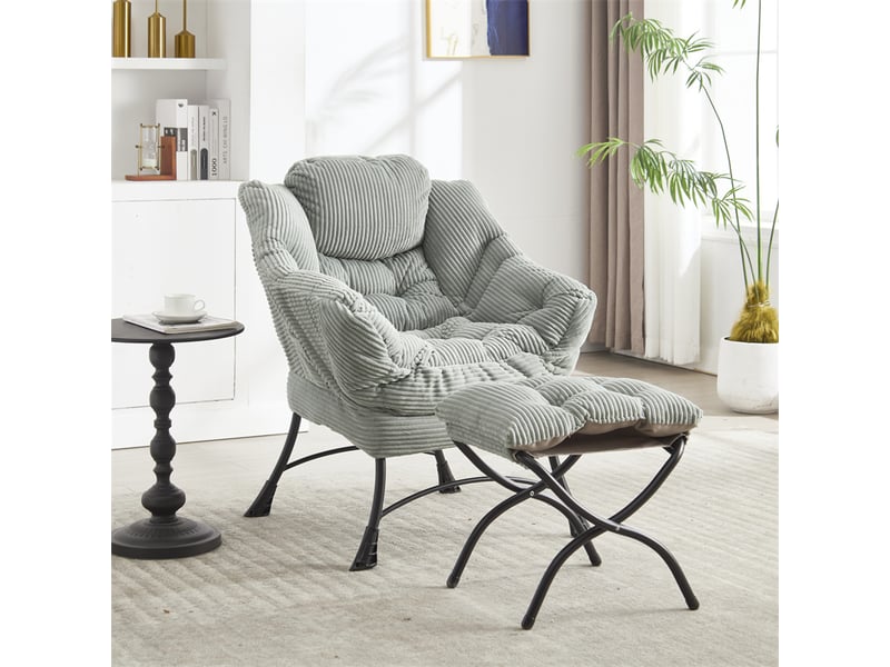 Fauteuil lounge vert clair avec repose-pieds, accoudoirs et poche latérale, petit espace - Conforama B