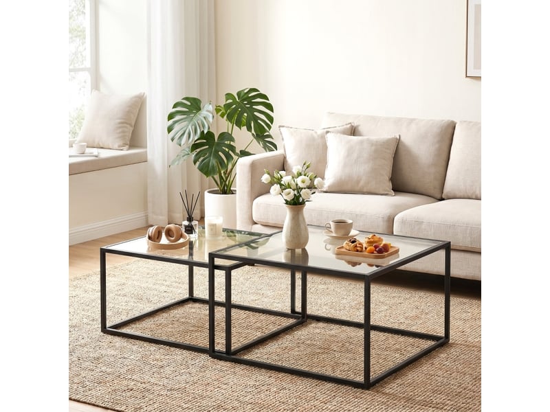  Tables basses gigognes avec 2 plateaux en verre trempé et pieds réglables, structure métal noir pour salon  - Conforama B