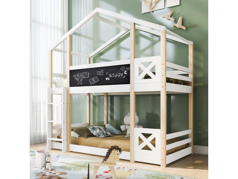 Lit superposé enfant 90x200 - lit cabane - tableau noir 110x27 cm - échelle - garde-corps - 2 sommiers à lattes - blanc et naturel  - Conforama B