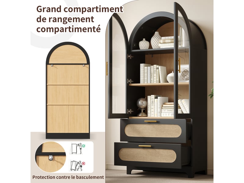  Vitrine haute 80x40x175 cm, bibliothèque avec portes vitrées, 2 tiroirs et étagères réglables, arches style montmartre, noir  - Conforama D