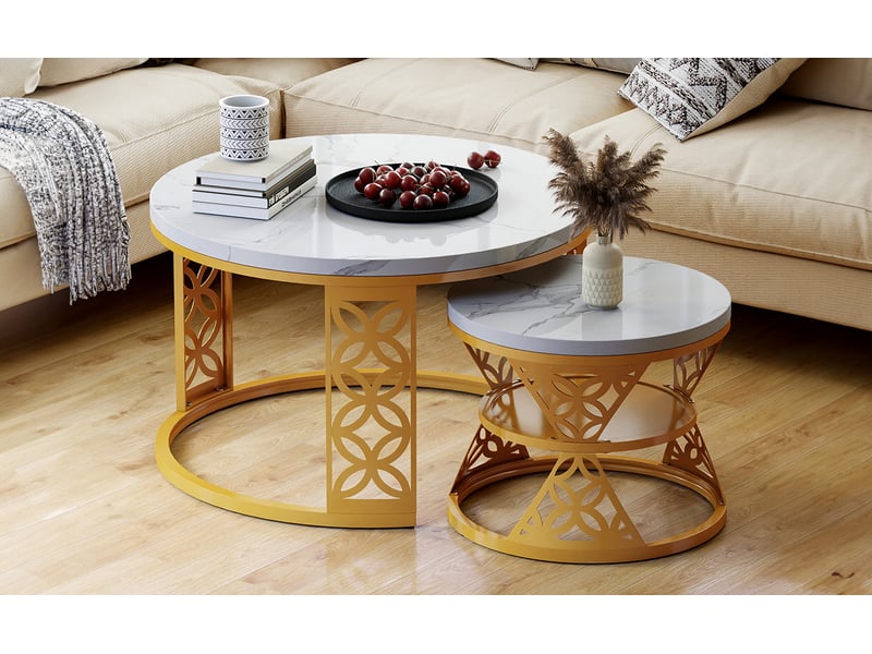  Table basse gigogne 2 pièces effet marbre blanc et structure dorée homvra  - Conforama C