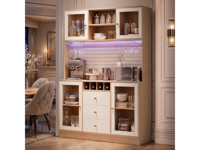 Colonne de cuisine avec led, casier à bouteilles, range-verres, tiroir et étagères réglables, 140 × 40 × 185,7 cm - Conforama C