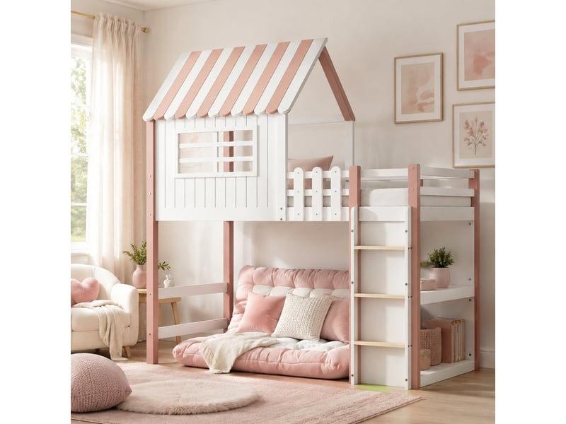 Lit enfant surélevé forme maison 90 x 200 cm rose avec échelle et sommier à lattes - Conforama D