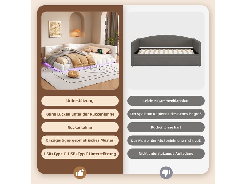  Lit banquette 140x200 canapé lit avec sommier velours blanc led 16 couleurs usb type-c  - Conforama E