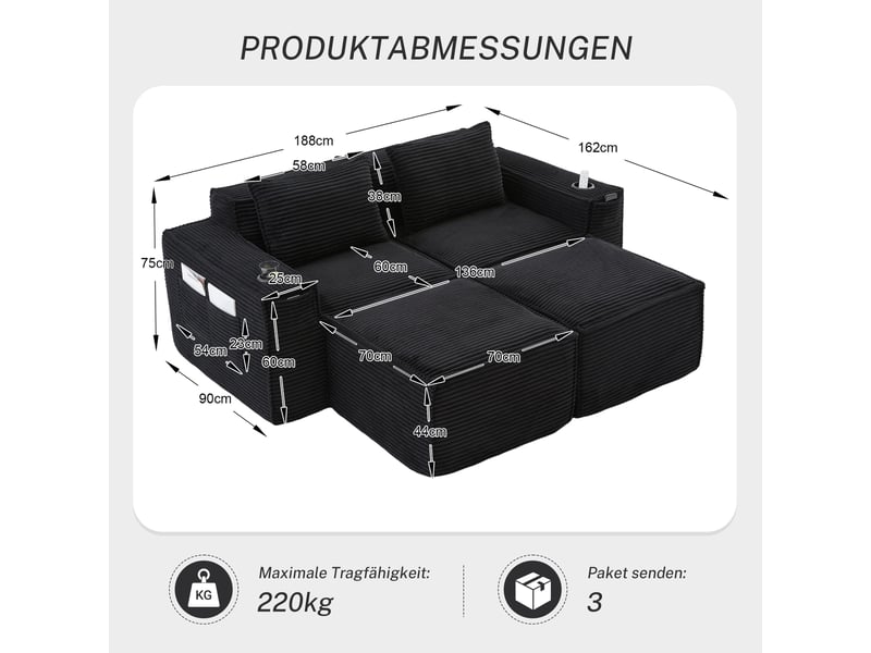  Canapé modulaire 2 places avec 2 poufs et porte-gobelets - lpospi - poches latérales, velours côtelé noir  - Conforama D