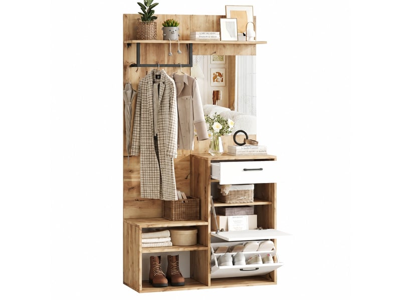  Meuble d’entrée avec miroir et banc, portes abattantes, tiroir, 100 x 38,5 x 190 cm, blanc et bois naturel  - Conforama A