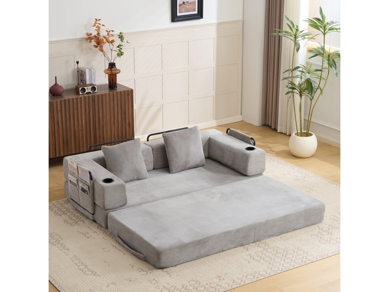  Canapé convertible de sol pliable avec accoudoirs et porte-gobelets  - rangement latéral velours côtelé gris clair  - Conforama C