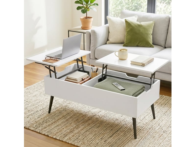  Table basse relevable avec 2 plateaux rabattables, 2 compartiments cachés et hauteur réglable, pour salon, blanc  - Conforama B