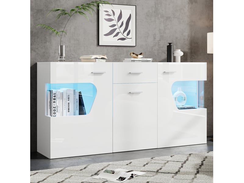  Buffet 3 portes 140x33x70 cm avec éclairage led en mdf et verre blanc brillant  - Conforama C
