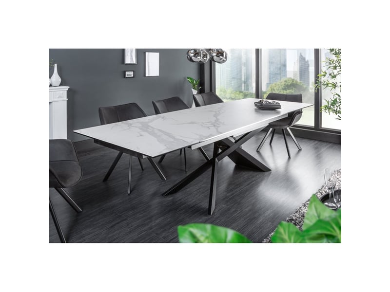  Table stelix 180–220–260 cm – plateau en céramique effet marbre blanc et verre trempé – extensible avec pieds en métal noir  - Conforama B