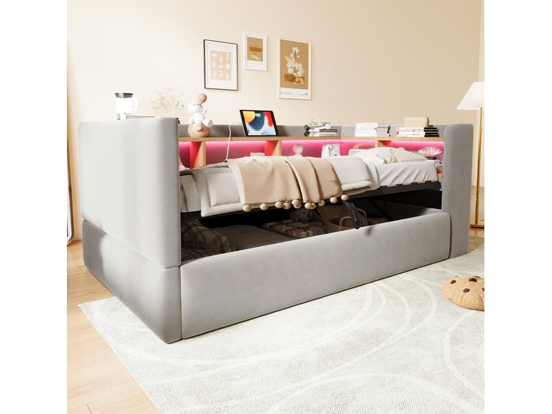  Lit coffre enfant, 90x190 cm, avec led intégrée, plusieurs espaces de rangement, clair, tissu et velours, coloris gris  - Conforama D