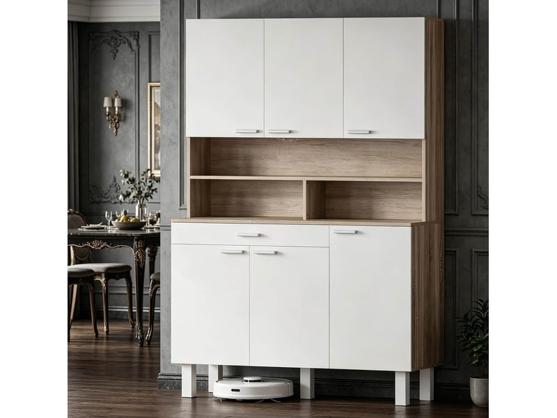  Buffet de cuisine haut 120 x 40 x 175 cm, 6 portes, tiroir, blanc et bois  - Conforama D