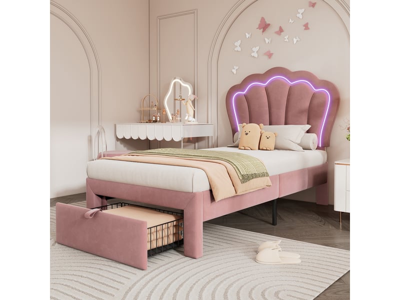 Lit enfant simple led 90x190cm avec tiroir à roulettes, structure en bois, velours, rose, sans matelas  - Conforama W