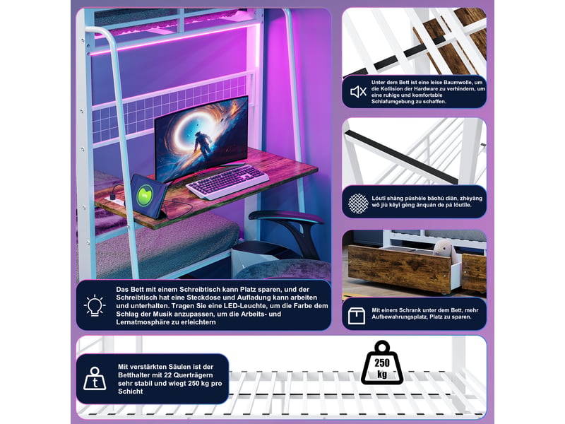  Lit superposé blanc 90x200 cm avec bureau led tiroir rangement en747 250 kg par étage  - Conforama E