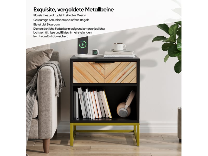  Table de chevet moderne 43x40x55 cm, 1 tiroir, 1 niche, meuble de chambre, pieds métal, mdf noir et naturel, moderne  - Conforama D