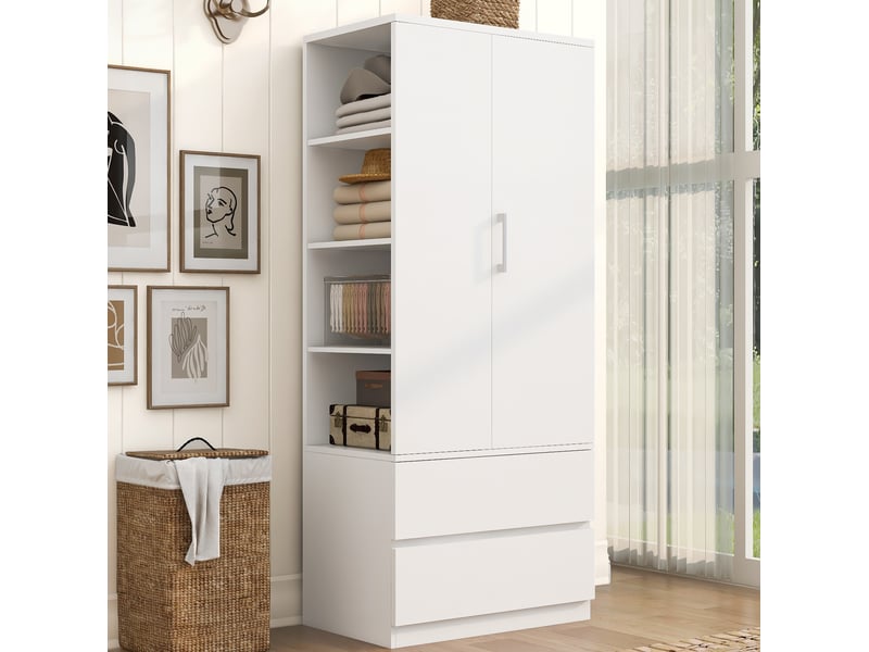 Armoire penderie 70x50x175 cm, 2 portes, 2 tiroirs, 4 niches ouvertes, bois, métal, mdf, blanc et coloris bois - Conforama B