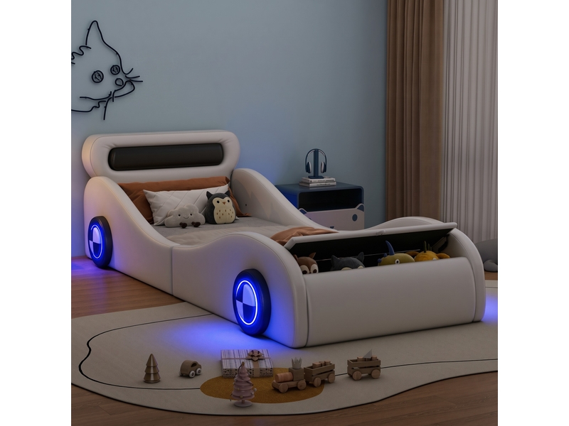  Lit voiture enfant 90x200 cm, lit simple rembourré, roues led, rangement, simili pu (sans matelas), blanc CozyNest - Conforama D