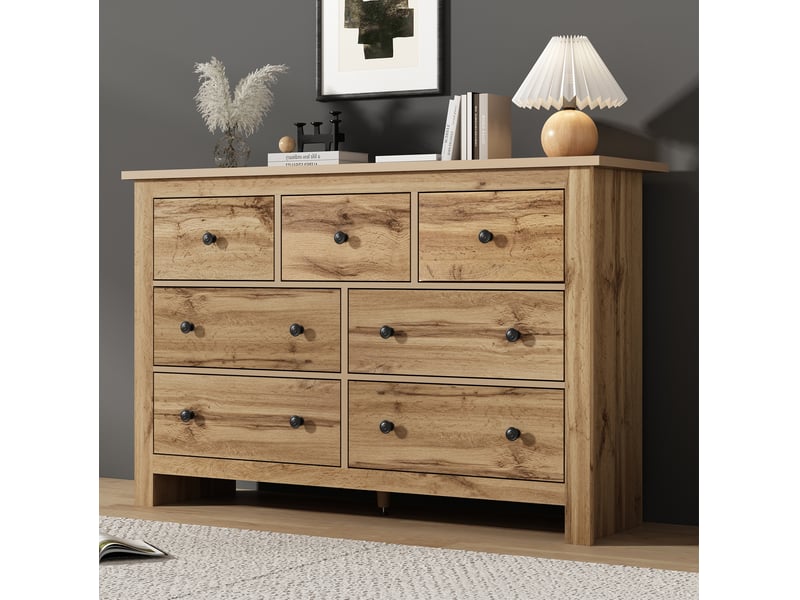  Commode 152x40x88,5 cm avec 7 tiroirs, grande capacité coulisses silencieuses panneau de particules, naturel  - Conforama B