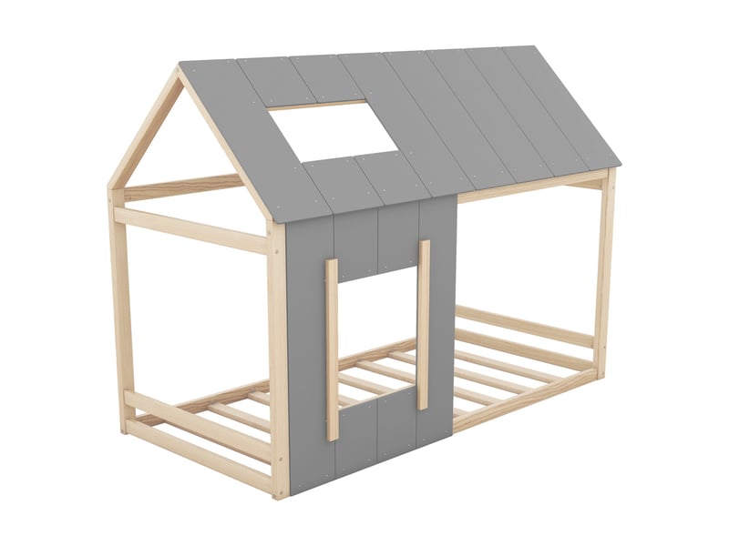 Lit enfant 90 x 200cm en forme de maison, lit cabane plat en forme de maison avec toit et fenêtre, gris foncé + gris clair - Conforama W