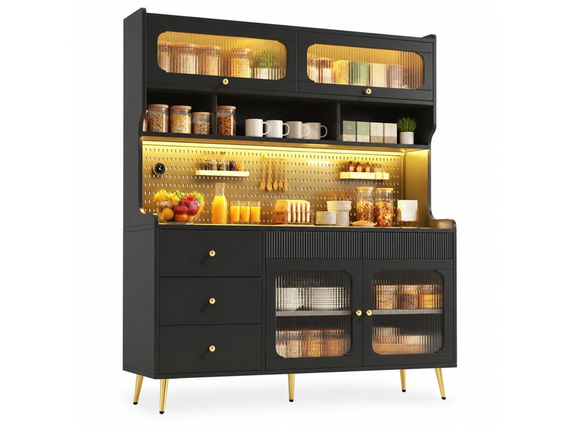  Buffet haut noir  145 x 39 x 171 cm avec éclairage led et commande par application, verre strié  - Conforama A
