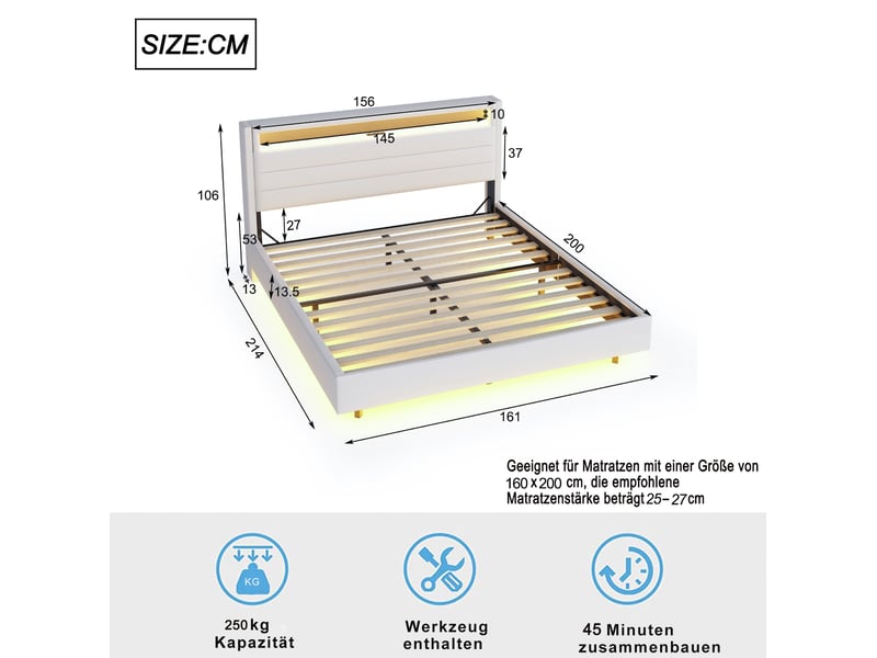 Lit double 160x200 cm, tête réversible avec rangement, ports usb, led multicolore en tête et pied, pieds dissimulés, sommier à lattes, lin, beige - Conforama D
