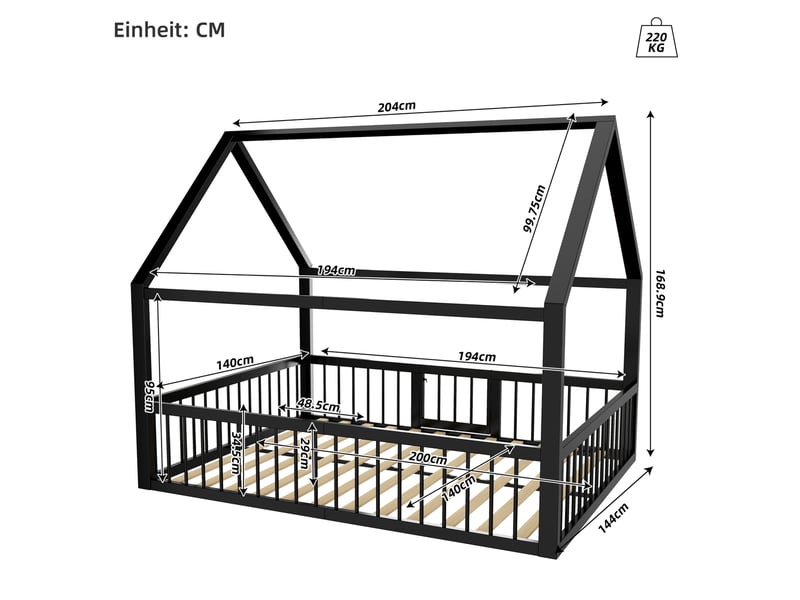  Lit enfant 140x200 cm en métal noir avec toit cabane, barrières et portillon  - Conforama E