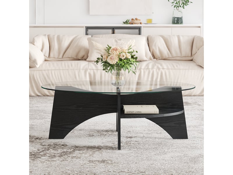  Table basse ovale en verre de sécurité avec plateau transparent et piètement fendu en mdf pour salon, 104,9 × 60 × 35,6 cm  - Conforama B