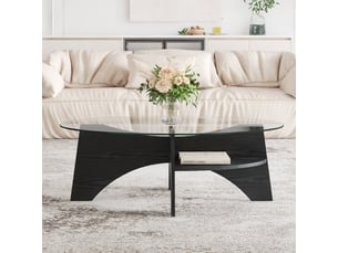 Table basse ovale en verre de sécurité avec plateau transparent et piètement fendu en mdf pour salon, 104,9 × 60 × 35,6 cm