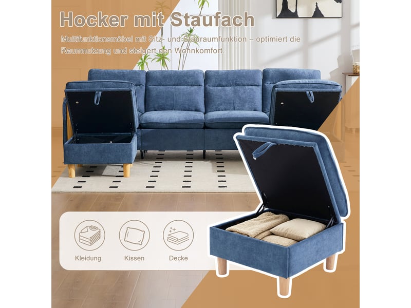  Canapé en u modulable 4 places en tissu chenille bleu, avec 2 poufs à rangement, pieds en bois massif  - Conforama R