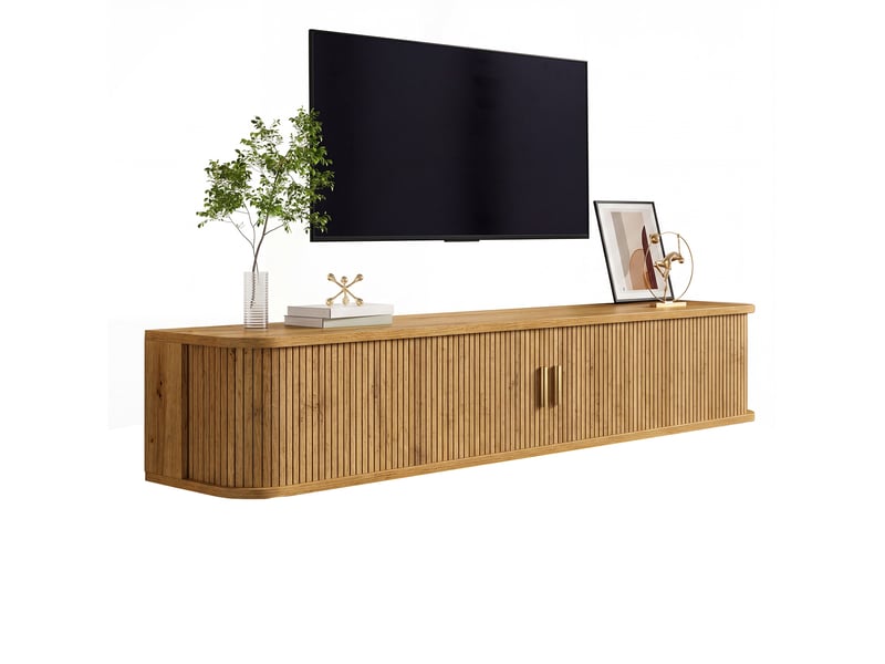  Meuble tv mural led avec 2 portes coulissantes, tiroir et étagères réglables, pour salon, naturel, 175 × 30 × 30 cm  - Conforama A