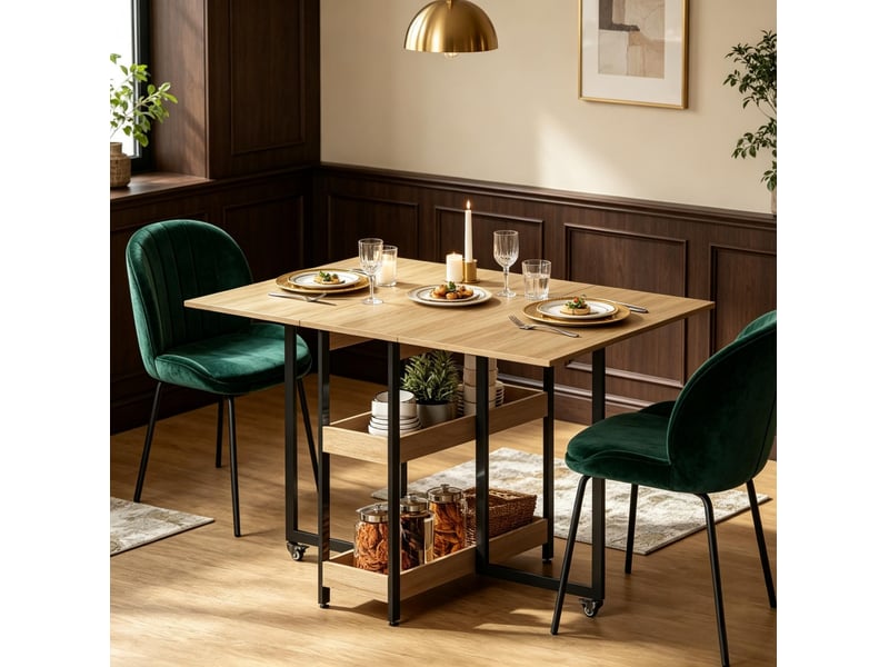 Table à manger pliante extensible 4 personnes à roulettes, chêne clair, 133,4 cm - Conforama B