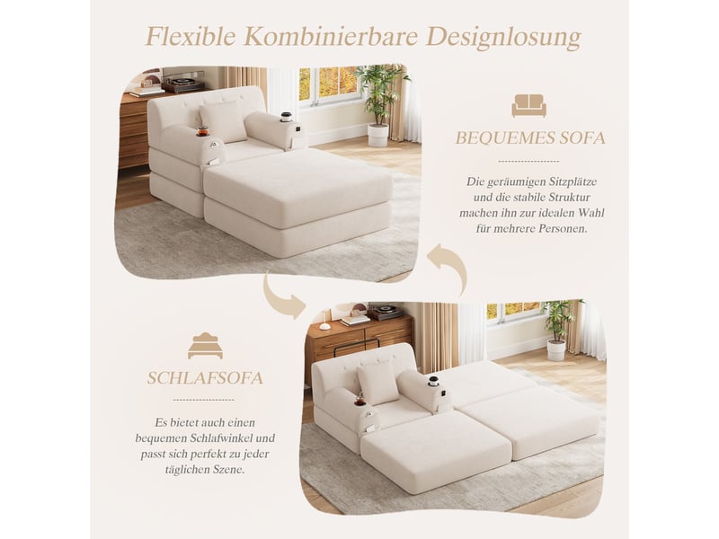  Fauteuil convertible 1 place avec dossier haut, 2 porte-gobelets et 4 poches latérales, en velours côtelé beige  - Conforama E