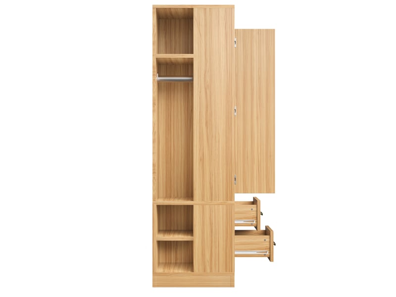  Armoire 70x50x170 cm 1 porte, 2 tiroirs, bois, finition bois naturel, plusieurs étagères et 2 tringles de penderie  - Conforama E