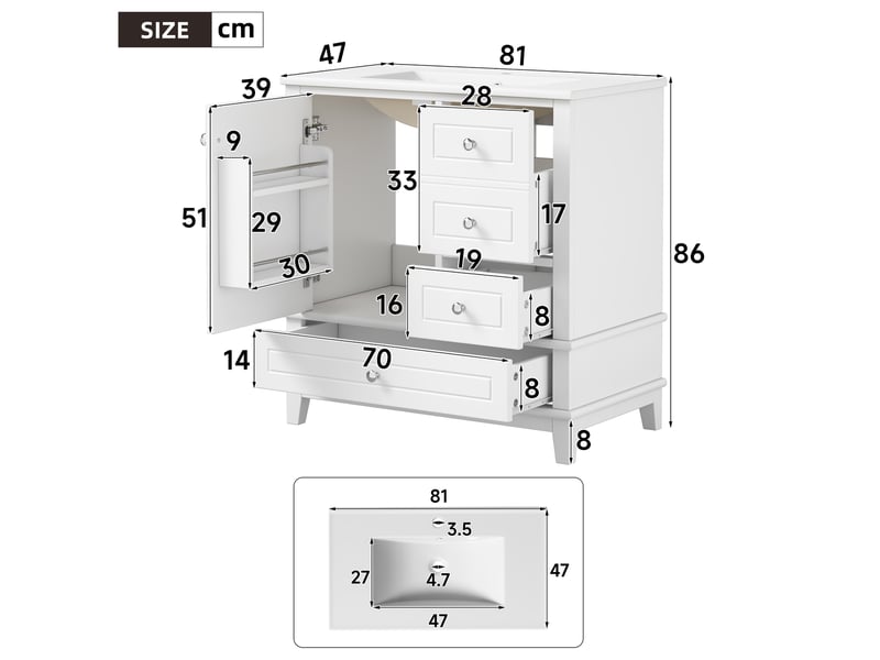  Meuble vasque blanc 81 cm avec 3 tiroirs, porte, étagères et grand rangement  - Conforama C