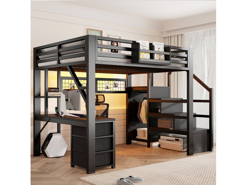  Lit mezzanine modenvie 140 x 200 cm en métal avec bureau, 3 tiroirs, rangements, armoire, led, noir  - Conforama D