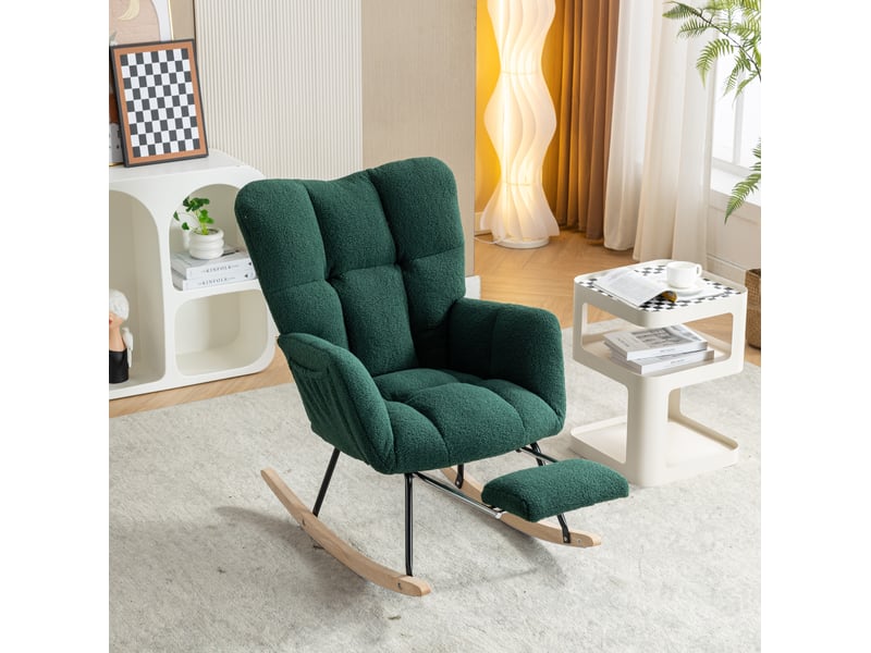  Fauteuil à bascule confortable, revêtement teddy, vert, relax, modèle à oreilles avec repose-pieds et porte de rangement  - Conforama E
