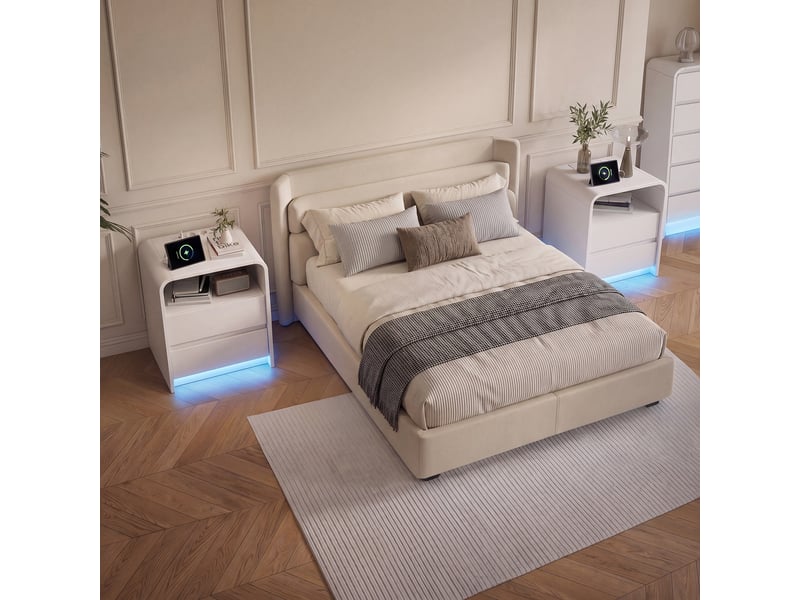  Table de chevet blanche lot de 2, avec éclairage led rgb, station de recharge 2 prises + usb‑c, 2 tiroirs + compartiment ouvert, conception sans poignée  - Conforama C