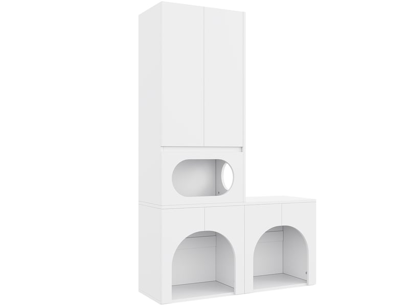  Meuble pour félins 140x45x195 cm – blanc – double espace litière, rangement et coin repos intégré  - Conforama D
