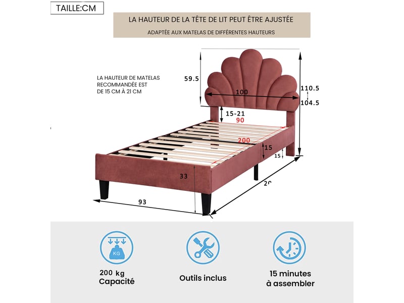  Lit enfant 90x200 cm en velours, lit simple avec tête fleurie et 12 lattes, cadre en mdf, sans matelas, rouge  - Conforama D