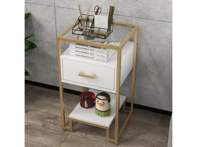  Table chevet moderne blanche dorée, 3 niveaux, tiroir bois, verre trempé, châssis acier, rangement entrée, chambre, salon, couloir, VAM_1EAWF8A7 - Conforama C