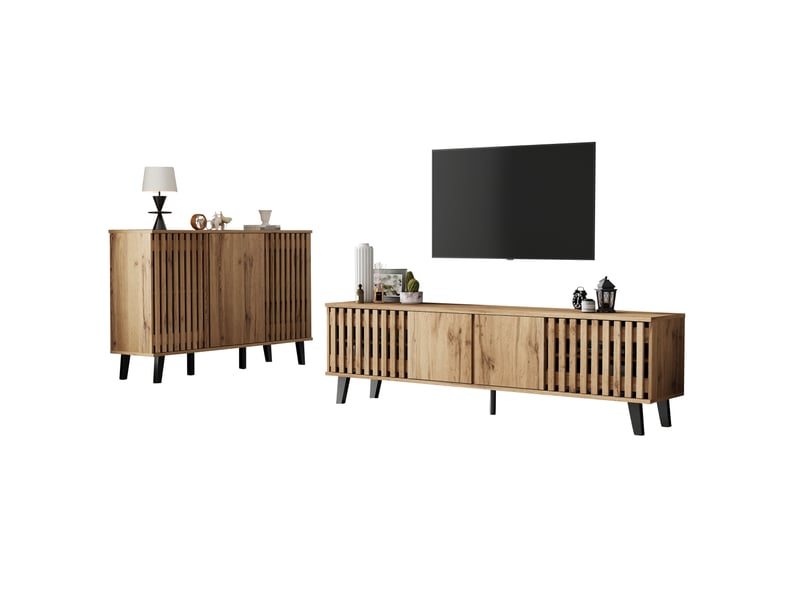  Ensemble meuble tv 180x40x55 cm et buffet 150x40x95 cm en panneaux de particules avec rangement coloris bois naturel chicfurn  - Conforama A
