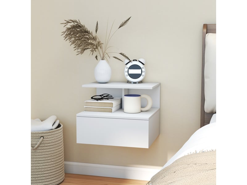  Table de chevet suspendue avec tiroir, compartiment ouvert, blanche, 39,8 x 35 x 31,6 cm  - Conforama D