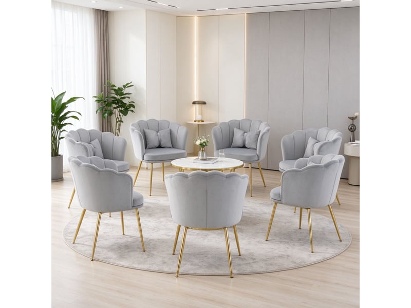 Lot de 6 chaises de salle à manger 63x58x77 cm, dossier pétale, coussin, pieds en métal doré, velours gris  - Conforama B