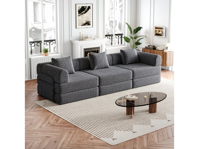  Canapé-lit modulable 2-en-1 en chenille, avec rangement dans les accoudoirs, structure métallique et configuration libre - gris  - Conforama D